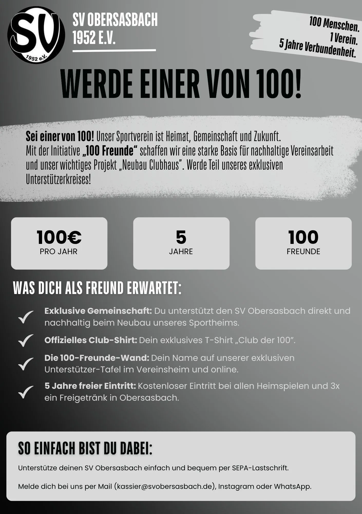 Flyer „Werde einer von 100!“: 100 € pro Jahr, fünf Jahre, hundert Freunde — mit Club-Shirt, Namenstafel und freiem Eintritt