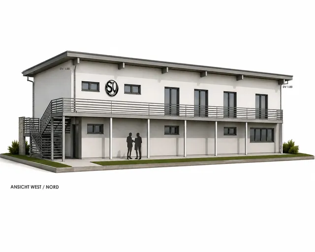 Ansicht des geplanten neuen Clubhauses von Westen und Norden: ein zweigeschossiger Baukörper mit umlaufendem Balkon, Außentreppe und dem SV-Wappen an der Fassade