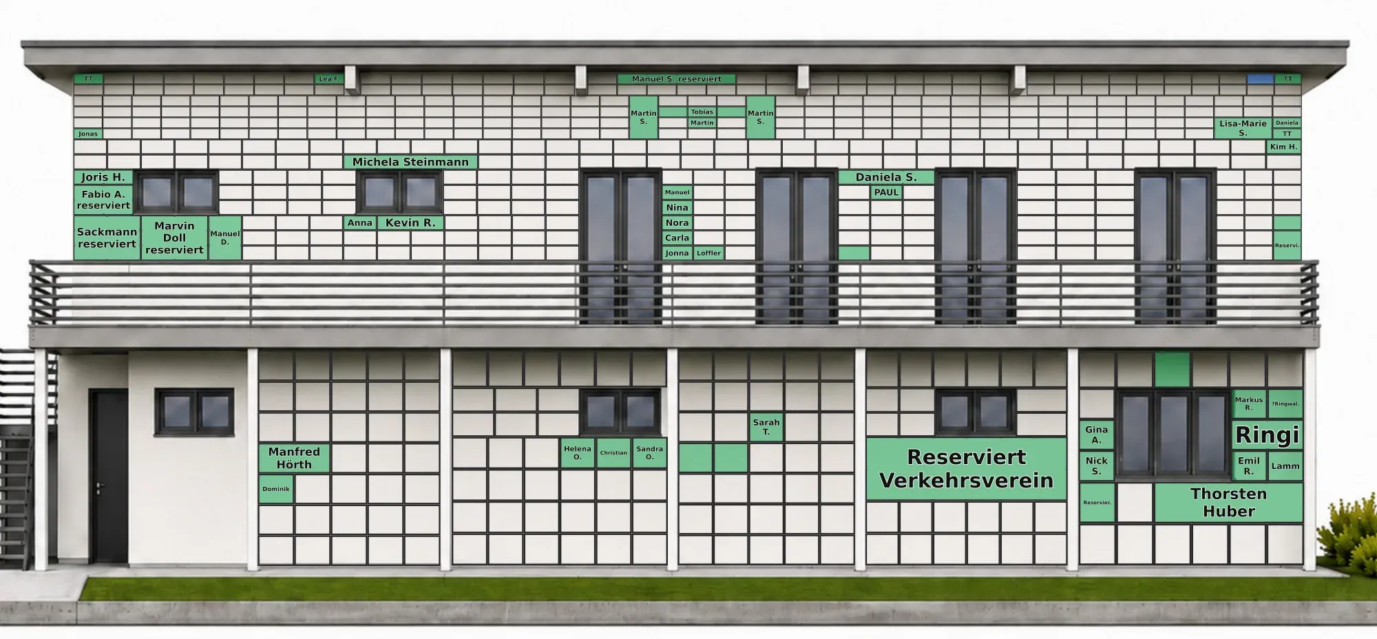 Digitale Fassade des neuen Clubhauses: Plan mit den vergebenen Kacheln