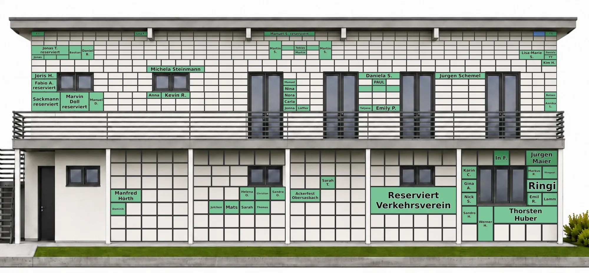Digitale Fassade des neuen Clubhauses: Plan mit den vergebenen Kacheln