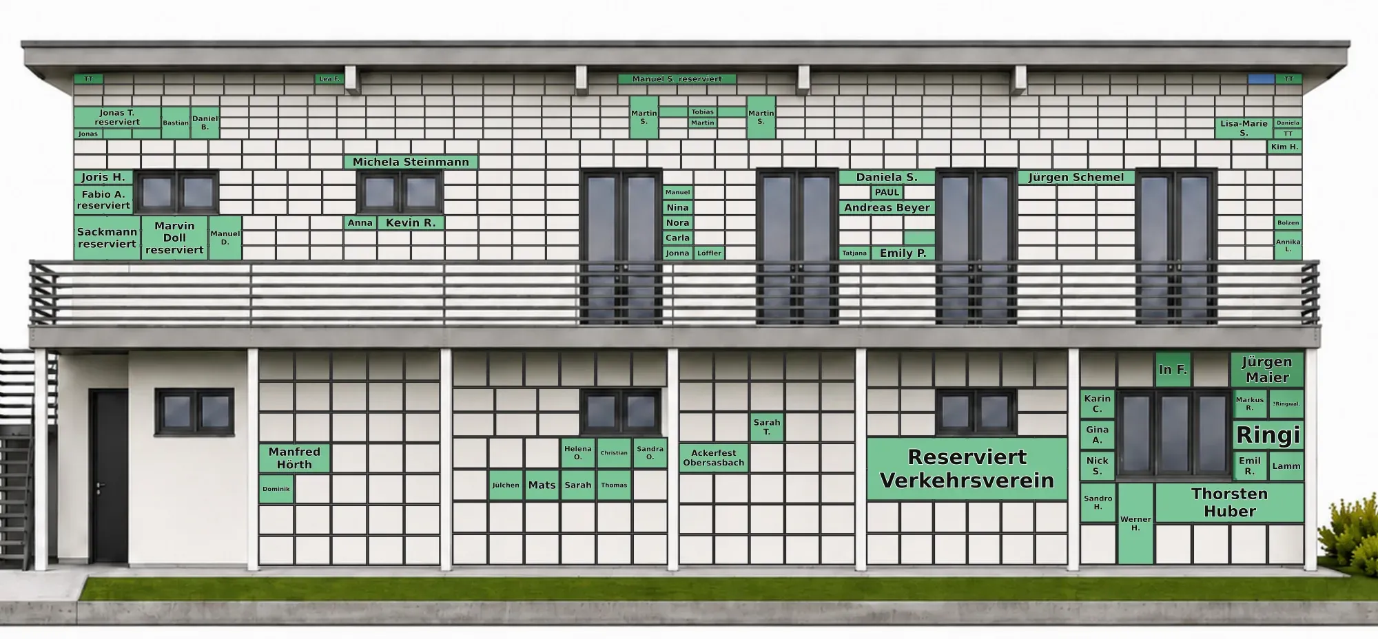 Digitale Fassade des neuen Clubhauses: Plan mit den vergebenen Kacheln