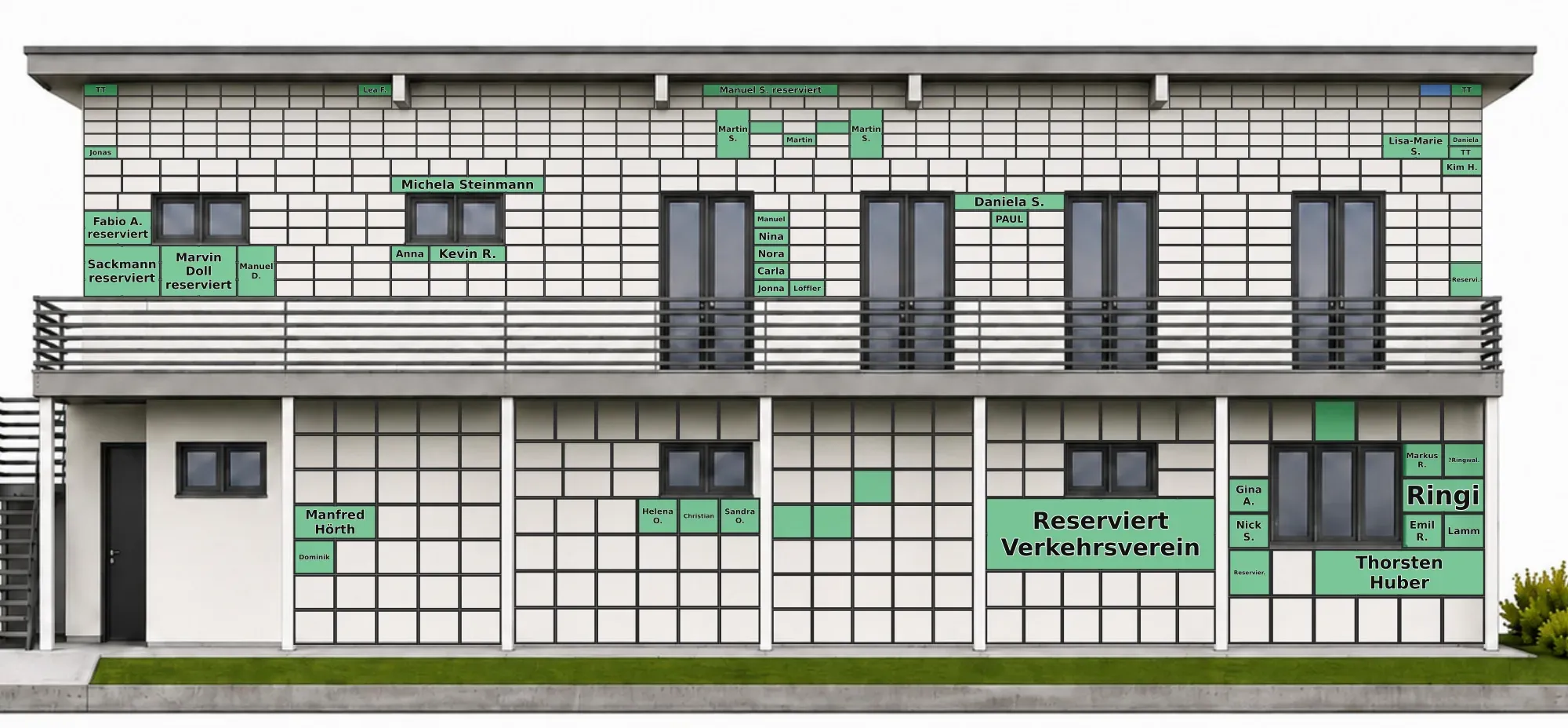 Digitale Fassade des neuen Clubhauses: Plan mit den vergebenen Kacheln