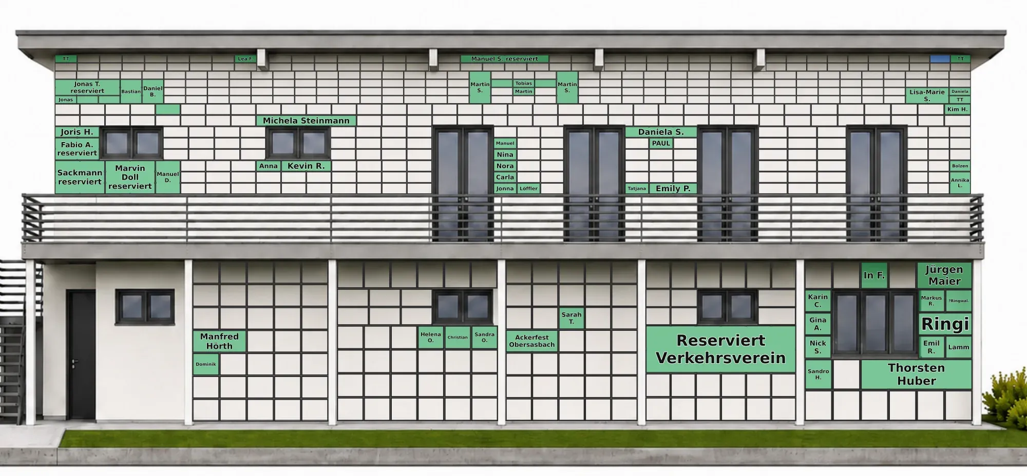 Digitale Fassade des neuen Clubhauses: Plan mit den vergebenen Kacheln