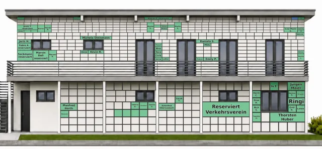 Digitale Fassade des neuen Clubhauses mit den bereits vergebenen Kacheln und den Namen der Spender