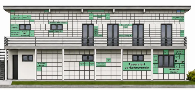 Digitale Fassade des neuen Clubhauses mit den bereits vergebenen Kacheln und den Namen der Spender