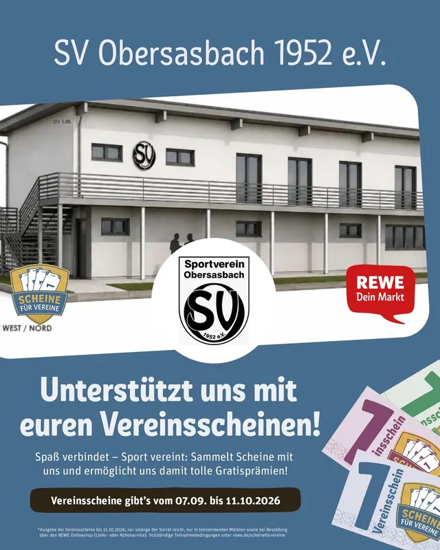 Werbeplakat Scheine für Vereine: Clubhaus-Neubau mit SVO- und REWE-Logo, Vereinsscheine erhältlich vom 07.09. bis 11.10.2026