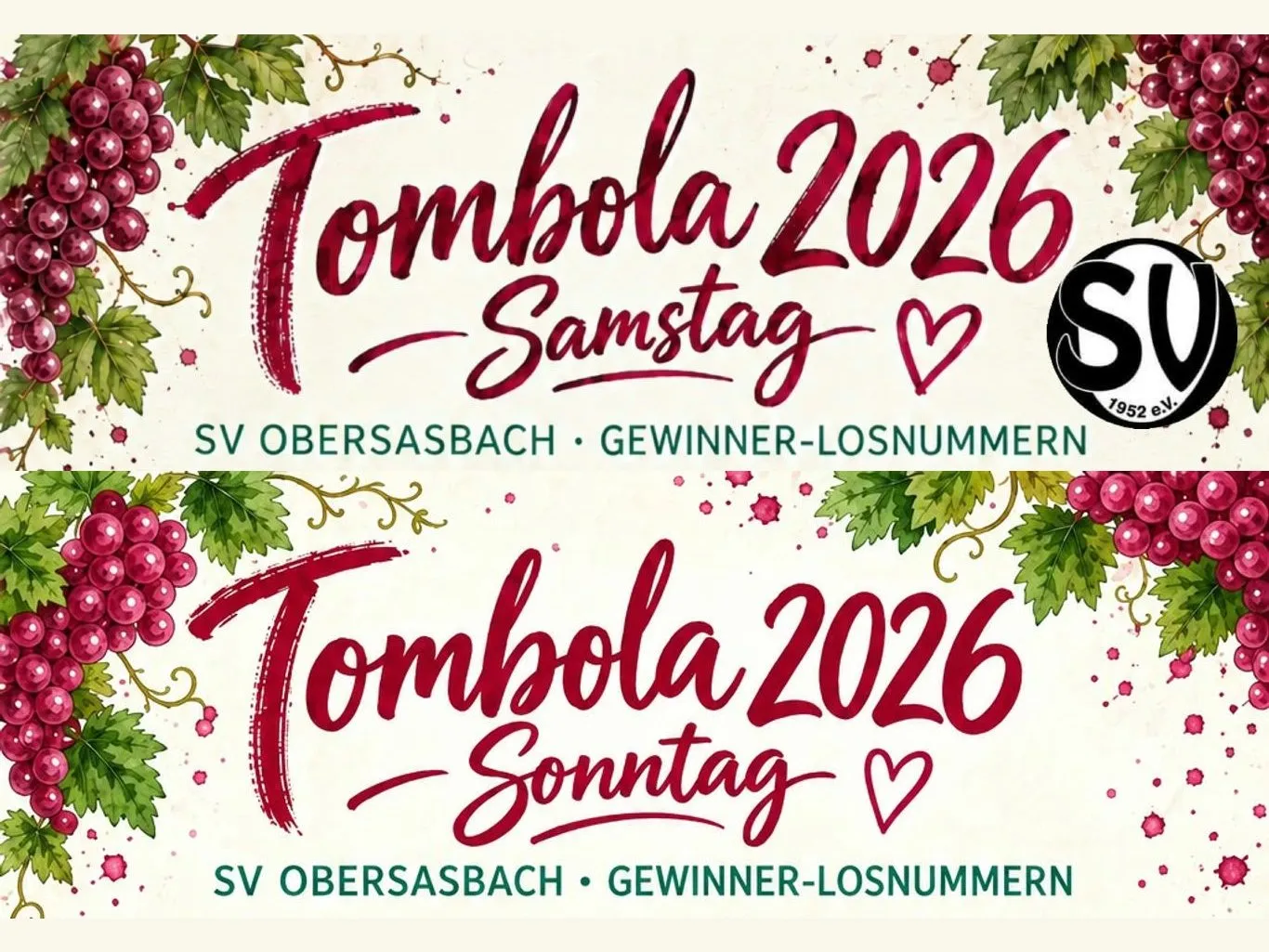 Tombola 2026 – Samstag und Sonntag: Überschriften der Gewinner-Aushänge des SV Obersasbach