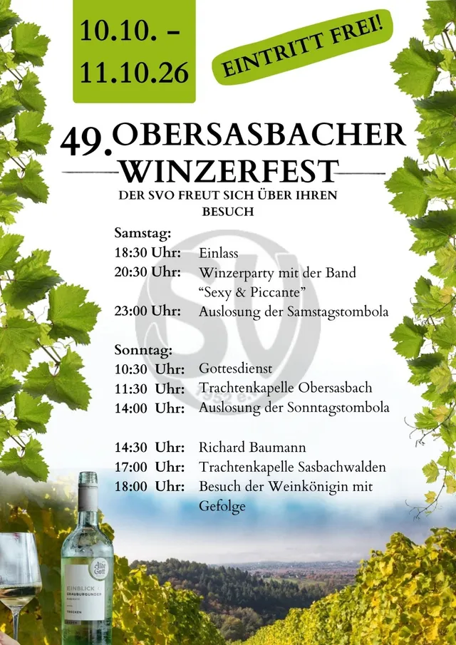 Ankündigungsplakat: 49. Obersasbacher Winzerfest, 10. und 11. Oktober 2026, Eintritt frei, mit Programmübersicht